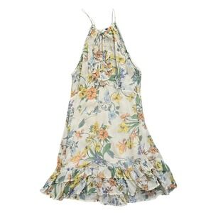 Super Natural Floral Halter Dress Womens Medium Cream Ruffle Hem Viscose Mini